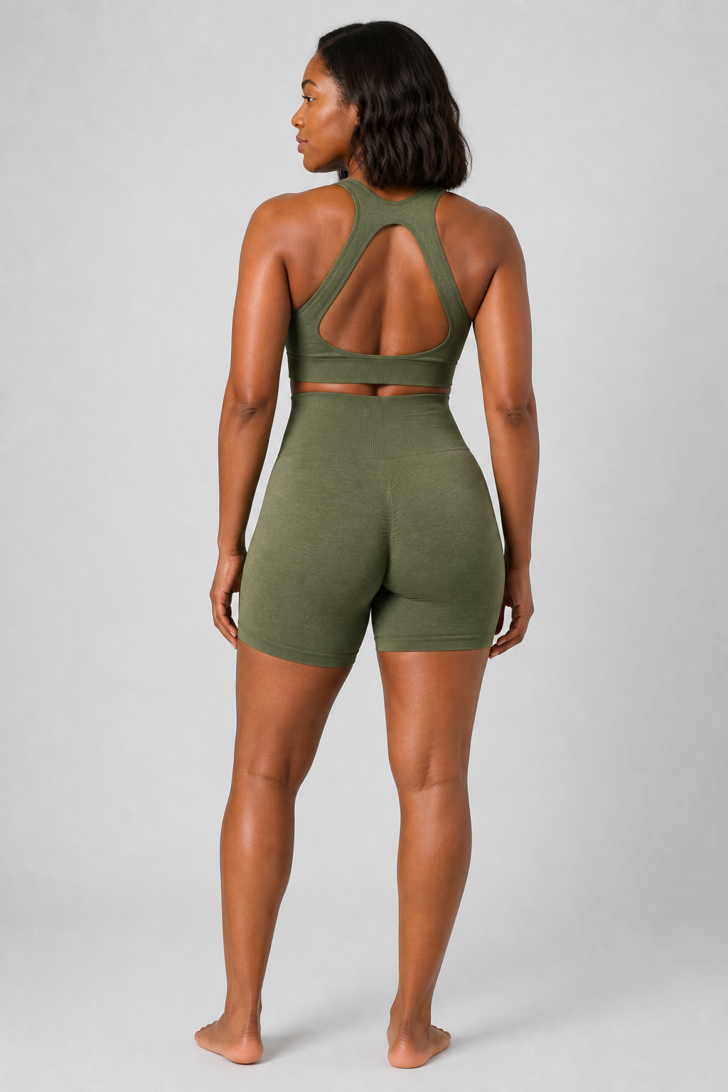 Form High-Waist Hold Shorts - Army Green - rear closeup | color:army green
