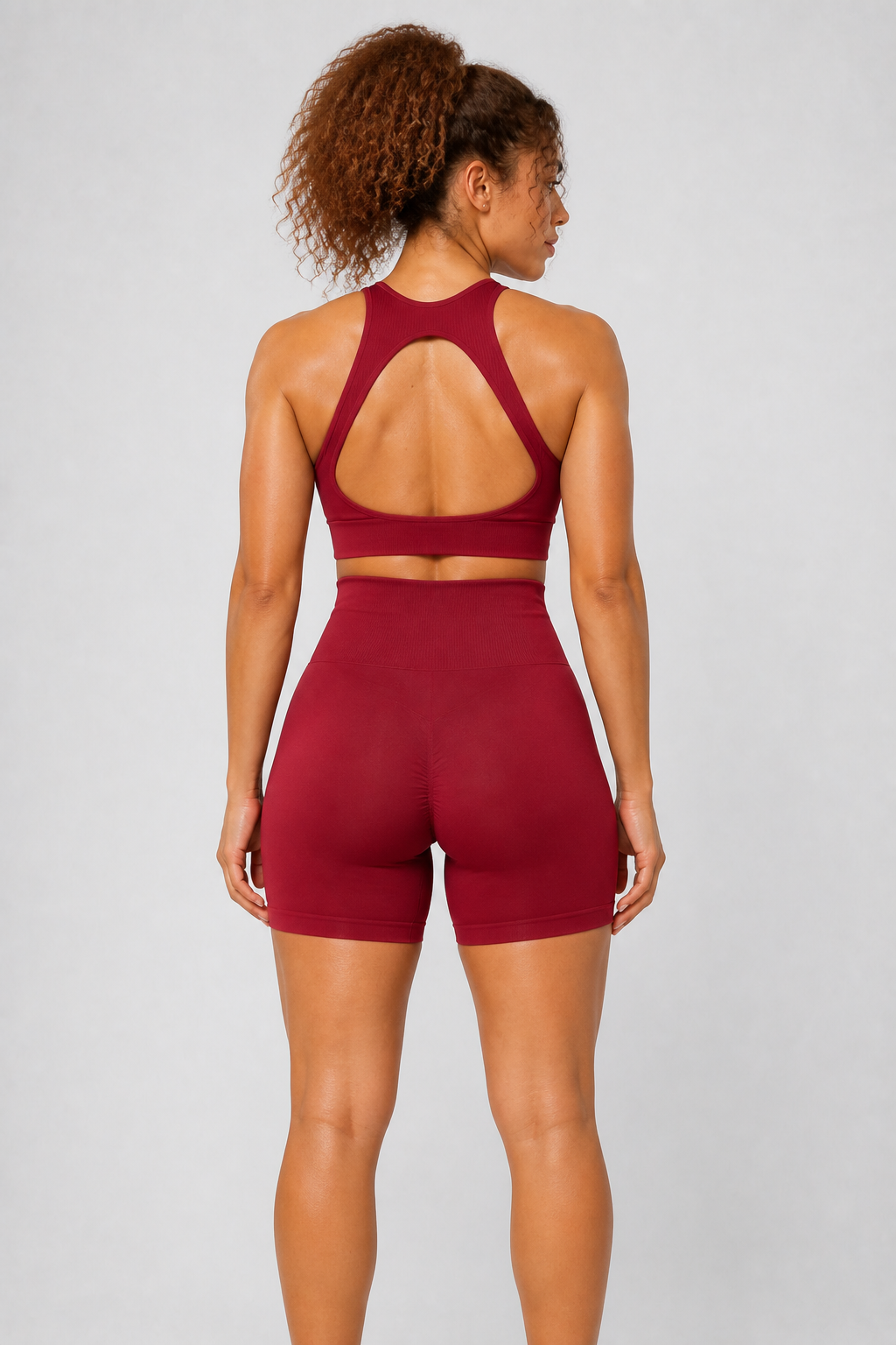 Form High-Waist Hold Shorts - Burgundy - rear closeup | color:burgundy