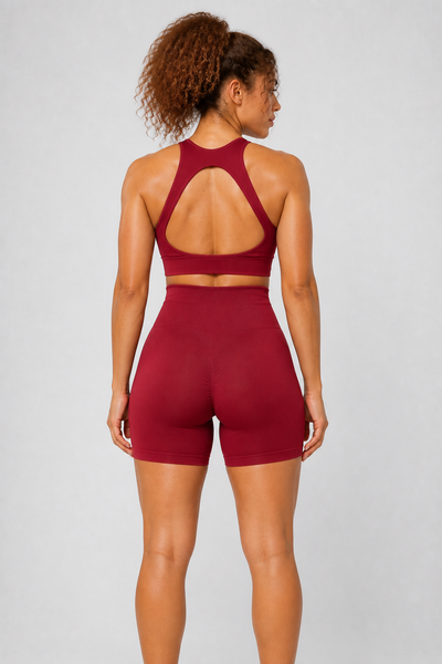 Form High-Waist Hold Shorts - Burgundy - rear closeup | color:burgundy