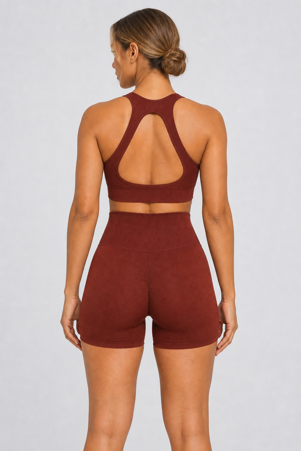 Form High-Waist Hold Shorts - Chocolate - rear closeup | color:chocolate