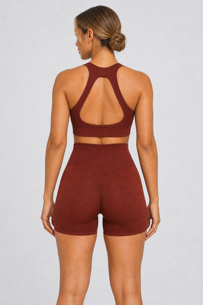 Form High-Waist Hold Shorts - Chocolate - rear closeup | color:chocolate