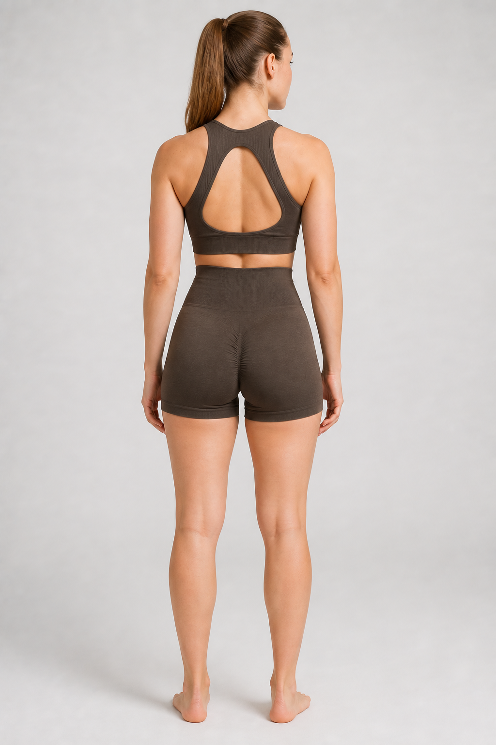 Form High-Waist Hold Shorts - Coffee Brown - rear closeup | color:coffee brown