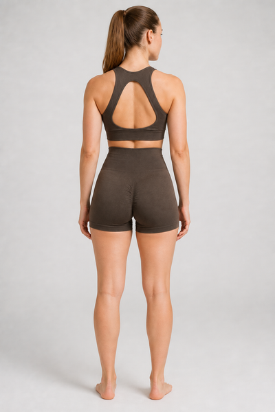 Form High-Waist Hold Shorts - Coffee Brown - rear closeup | color:coffee brown