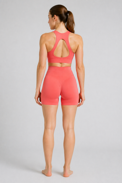 Form High-Waist Hold Shorts - Coral Pink - rear closeup | color:coral pink