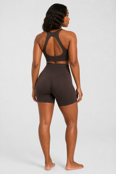Form High-Waist Hold Shorts - Dark Cocoa - rear closeup | color:dark cocoa