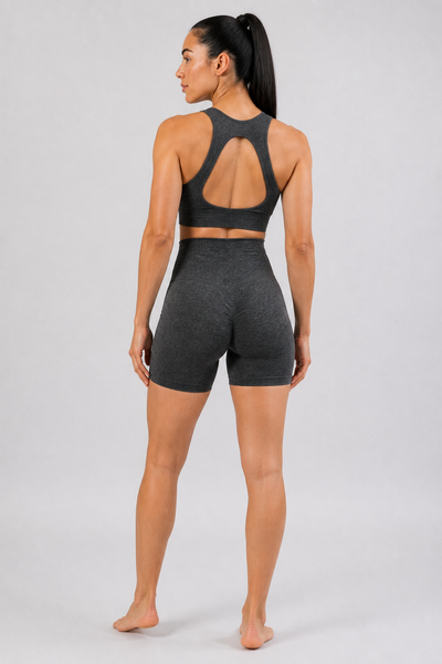 Form High-Waist Hold Shorts - Dark Heather Gray - rear closeup | color:dark heather gray