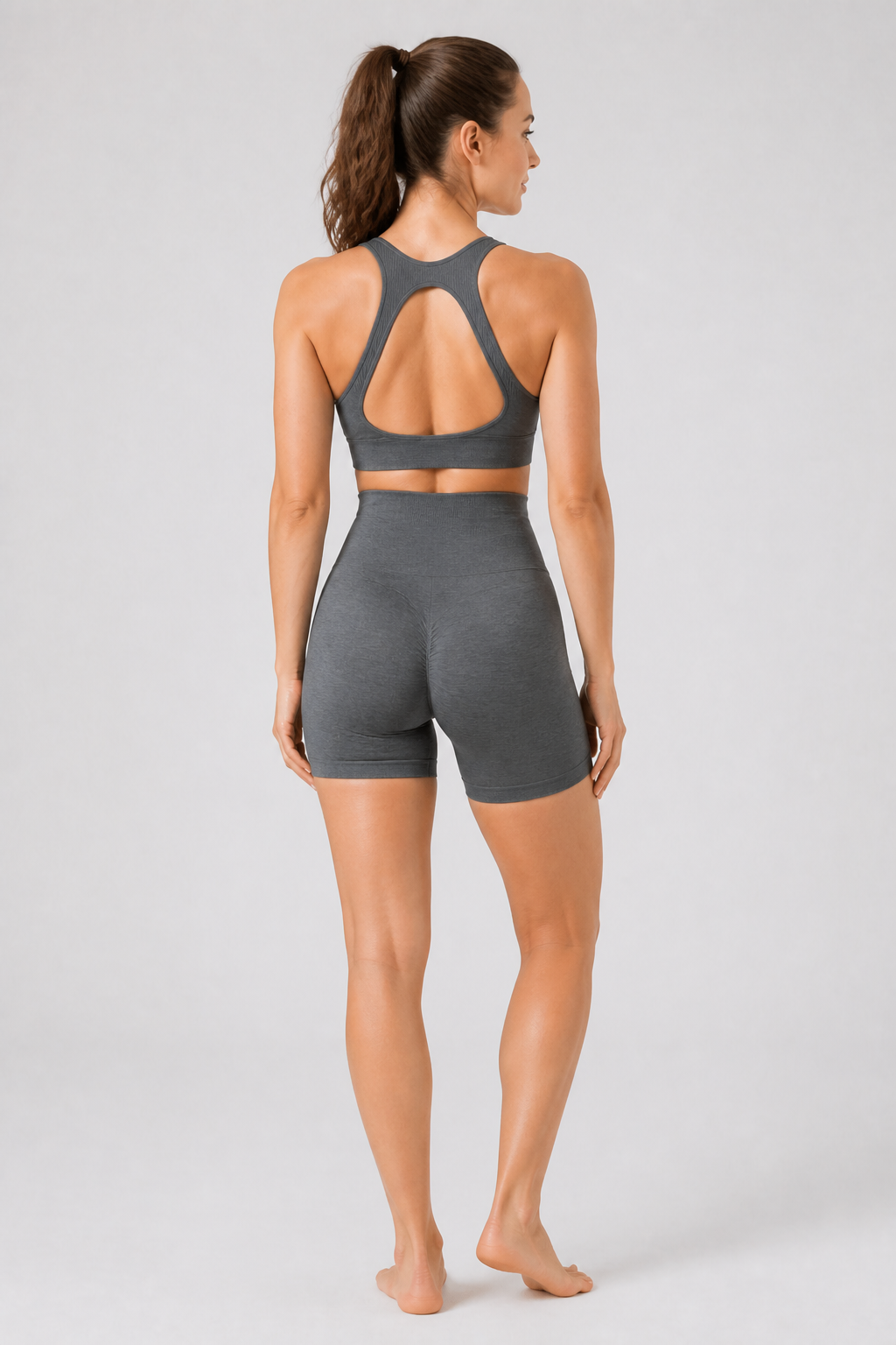 Form High-Waist Hold Shorts - Heather Charcoal - rear closeup | color:heather charcoal