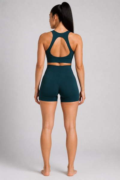 Form High-Waist Hold Shorts - Midnight Teal - rear closeup | color:midnight teal