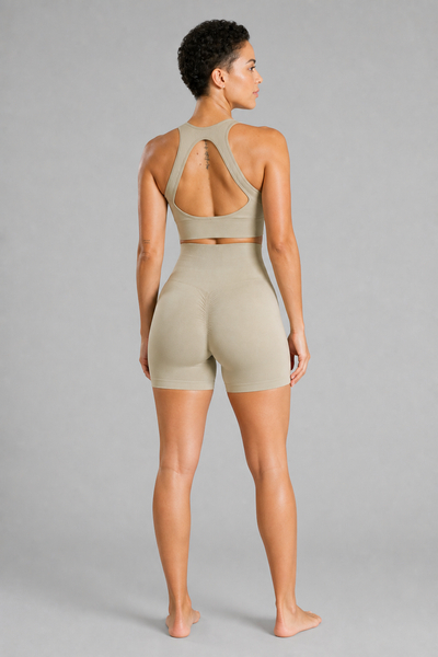 Form High-Waist Hold Shorts - Mushroom / Nude Pink - rear closeup | color:mushroom