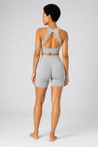 Form High-Waist Hold Shorts - Off White / Gray / Blush - rear closeup | color:gray