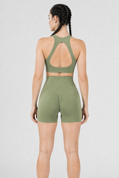 Form High-Waist Hold Shorts - Sage Green - rear closeup | color:sage green