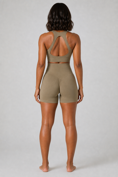 Form High-Waist Hold Shorts - Tea Brown - rear closeup | color:tea brown