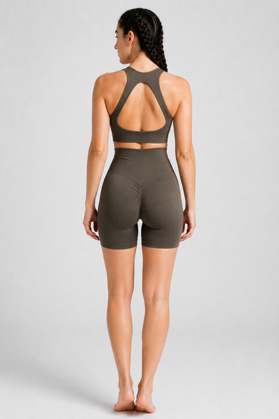 Form High-Waist Hold Shorts - Walnut Brown - rear closeup | color:walnut brown