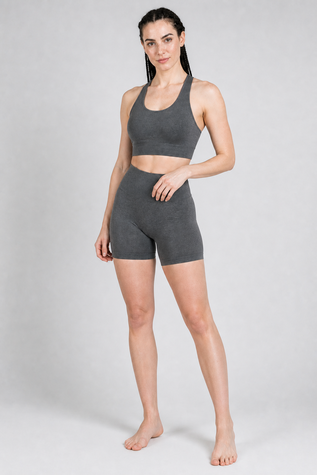 Form Open-Back Lift Bra - Heather Charcoal - full body alt | color:heather charcoal