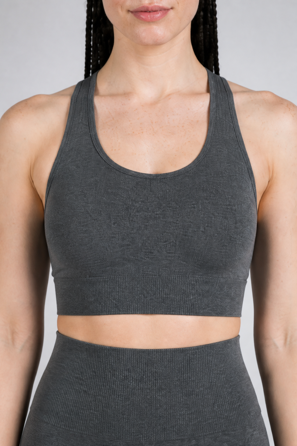 Form Open-Back Lift Bra - Heather Charcoal - front closeup | color:heather charcoal