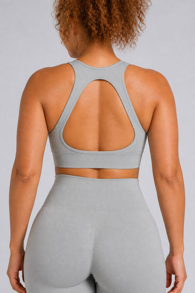 Form Open-Back Lift Bra - Off White / Gray / Blush - rear closeup